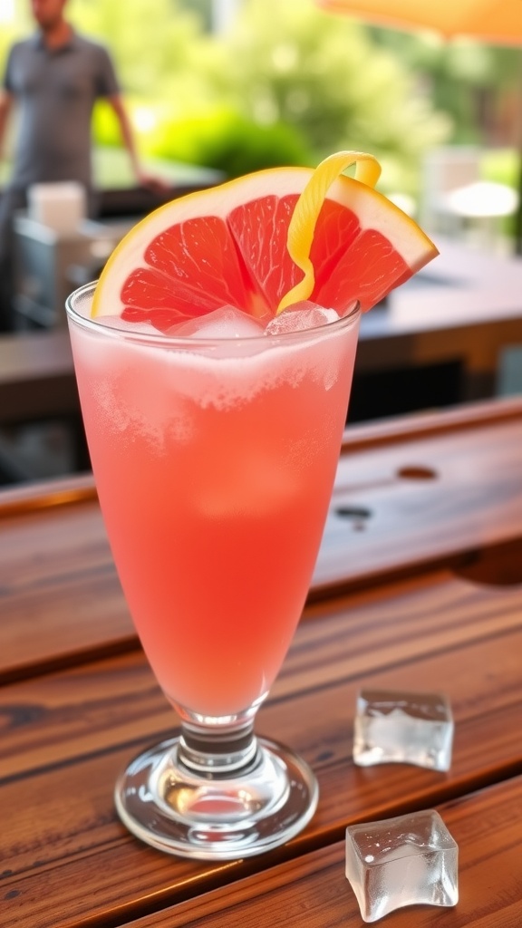 Grapefruit Vodka Sour cocktail in a glass, garnished with grapefruit slice and lemon twist, on a wooden bar.